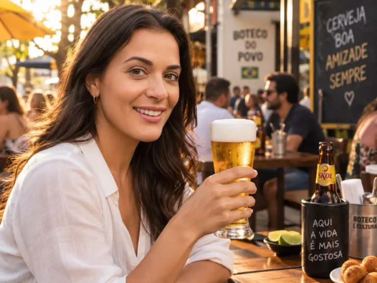Samara Sarto em boteco brasileiro segurando copo de cerveja Pilsen gelada